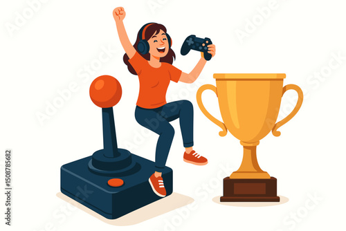 Happy female gamer celebrating victory with trophy. Woman player holding controller headphones triumph success. Esports champion achievement celebration concept illustration