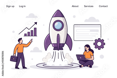 Business startup rocket launch concept website landing page development team collaboration growth chart analytics digital marketing success metaphor vector illustration