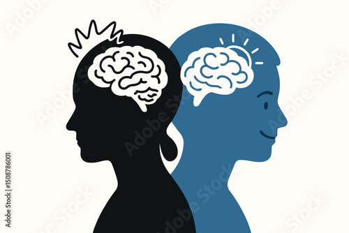 Dual personality bipolar disorder mind mental health. Split brain silhouette contrast. Positive negative thinking psychology. Double face head profile mindset. Concept mood