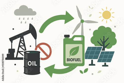 Energy transition renewable biofuel wind turbine solar panel oil derrick fossil fuel. Green sustainable clean power transformation concept. Alternative energy environmental vector illustration