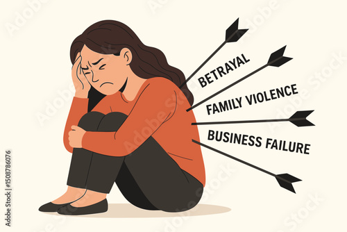 Depressed woman overwhelmed by life challenges mental health crisis anxiety stress betrayal family violence business failure emotional struggle psychological trauma concept