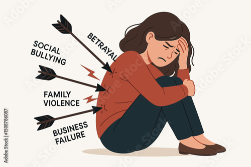 Mental health depression anxiety stressed woman overwhelmed by multiple life problems bullying betrayal violence failure emotional struggle vector illustration concept
