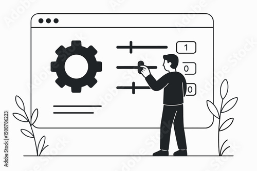Software settings configuration interface. User customizing digital control panel dashboard. Application preferences management. Web browser admin options technology setup system.