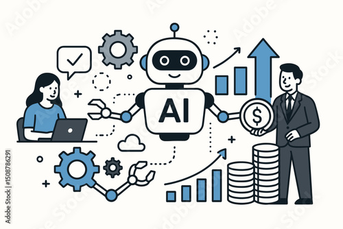AI robot assistant business automation workflow optimization. Digital transformation machine learning analytics growth charts financial profit technology innovation collaboration team efficiency