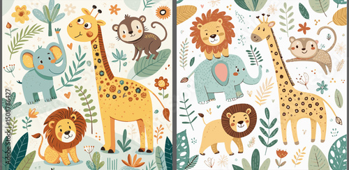 Collection of cute zoo animals - lion, elephant, giraffe and monkey - created in modern flat design with