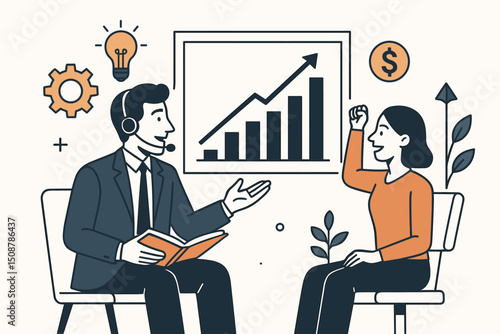 Business coaching mentor consultation meeting. Professional advisor consultant with growth chart success. Corporate strategy discussion achievement financial planning