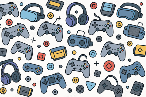 Seamless gaming gear pattern vector background. Gaming controllers VR headsets headphones cartridges accessories. Digital gamer equipment technology design texture. Console gaming pattern