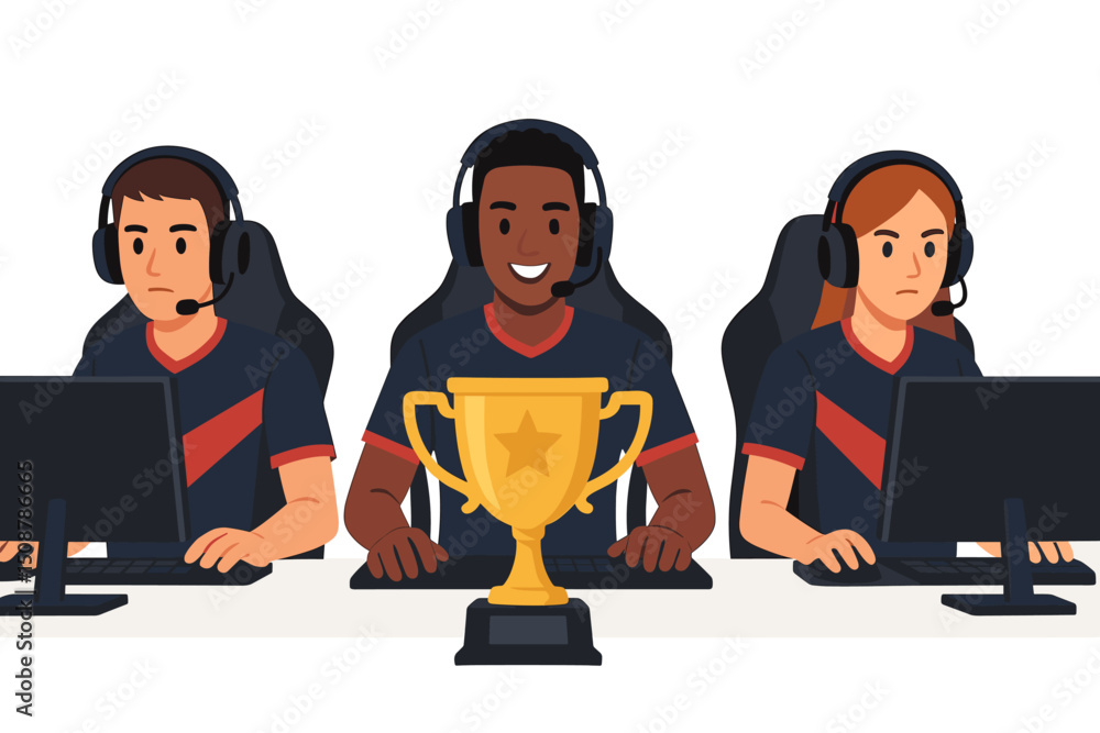 Naklejka premium Professional esports team celebrating tournament victory with golden trophy. Gaming competition winners in headsets at computers. Cybersport championship success digital entertainment concept