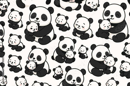 Cute panda seamless pattern background design. Mother panda hugging baby pandas family love. Kawaii cartoon animals black white. Vector illustration textile wallpaper