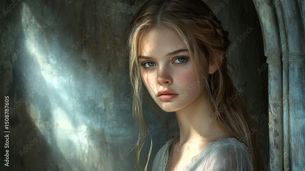 Fototapeta premium Beautiful Woman Illuminated by Sunlight. A beautiful woman with blue eyes and blonde hair is illuminated by sunlight filtering through a window, creating a dreamy effect.
