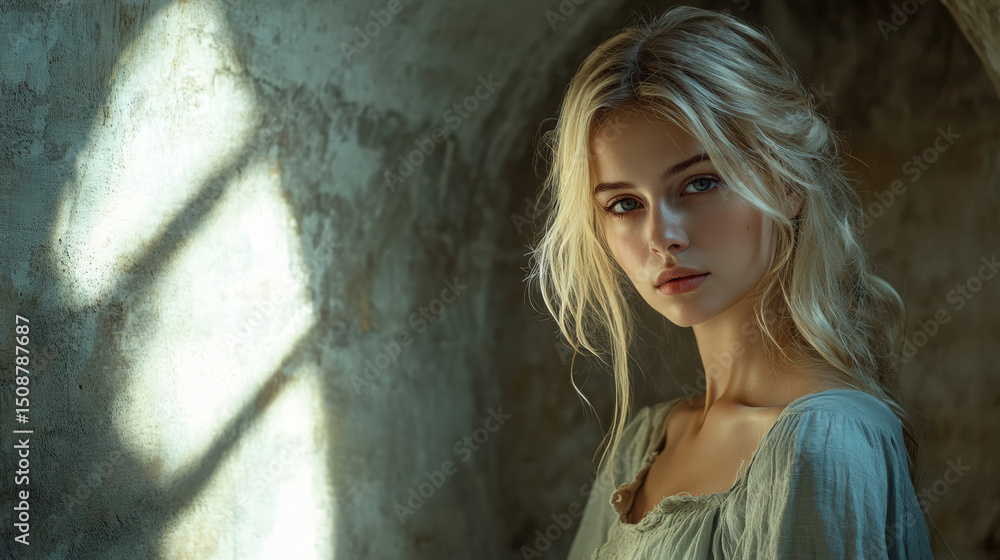 Fototapeta premium Elegant Blonde Beauty in Soft Light. A beautiful woman with blonde hair poses in front of a rough wall illuminated by the soft light of a window.