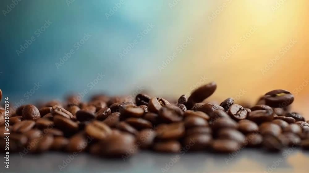 A close-up shot reveals a pile of dark roasted coffee beans against a blurred background of teal and orange hues, with a few beans seemingly mid-air, suggesting movement. A close-up shot reveals a pile of dark roasted coffee beans against a blurred background of teal and orange hues, with a few beans seemingly mid-air, suggesting movement.