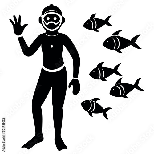 Silhouette of a Diver and Fish Underwater Adventure Illustration