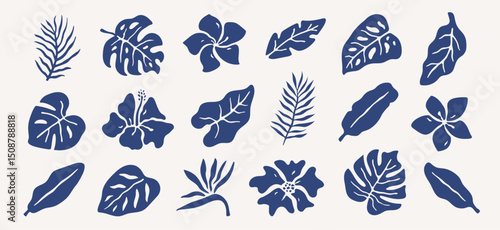 Abstract set of summer tropical exotic leaves and flowers