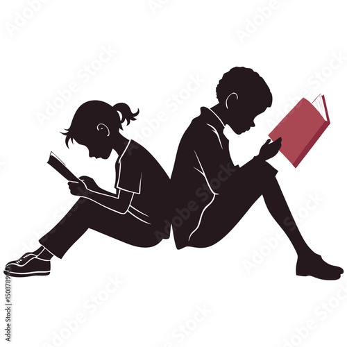 Silhouette of Children Reading Books Together