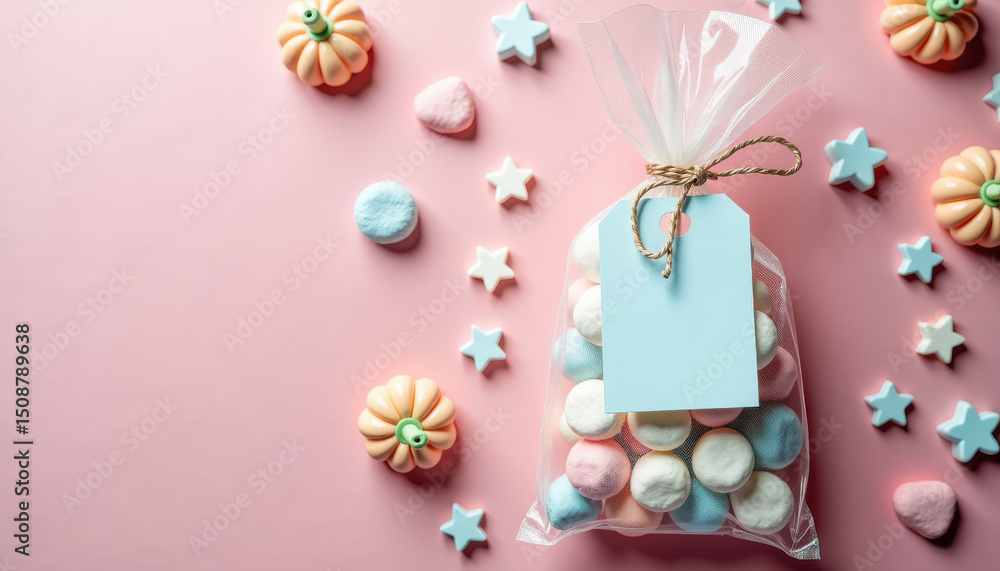 Halloween sale mockup. Pink and blue flat lay with Halloween candy and blank label tag Halloween sale mockup. Pink and blue flat lay with Halloween candy and blank label tag