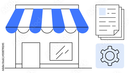 Blue-and-white shopfront with documents and a gear icon, representing business, paperwork, and system management. Ideal for small business setup, retail, operations, management, compliance startup