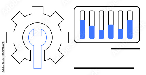 Gear with wrench for technology and maintenance next to test tubes for science. Ideal for innovation, tech research, process optimization, maintenance systems, lab work, science projects, simple
