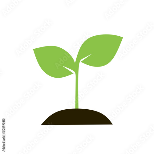 Green sprout plant growing in soil with leaves flat icon vector illustration isolated on white background. Gardening, new life, ecology and nature concept. Young plant and seedling silhouette.