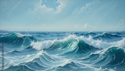 Illustration of Ocean waves crashing waves with sea foam and reflections