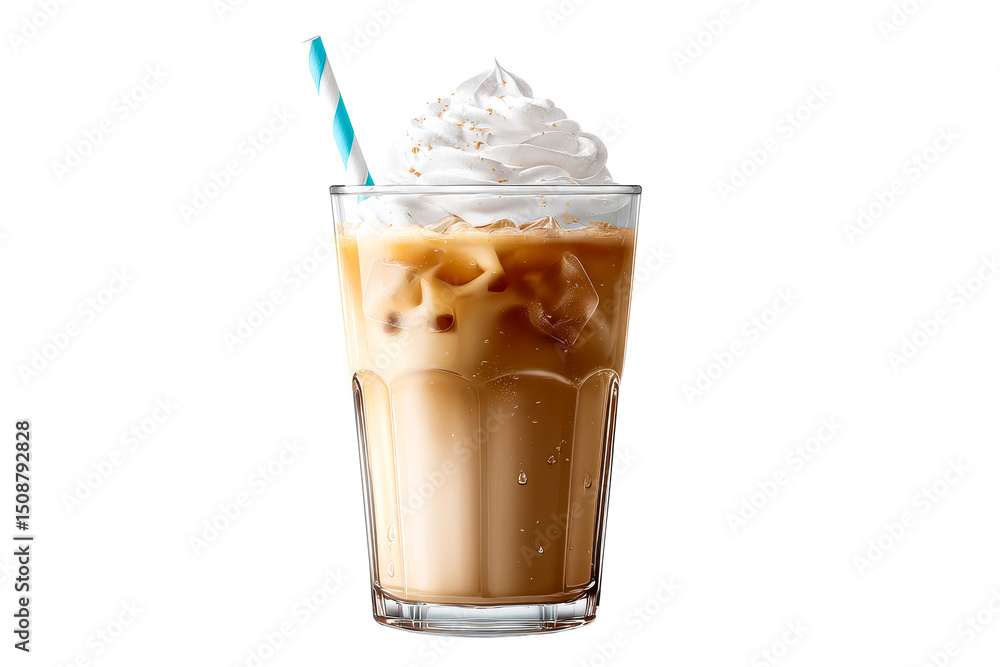 Iced coffee with whipped cream and straw served in a glass Iced coffee with whipped cream and straw served in a glass