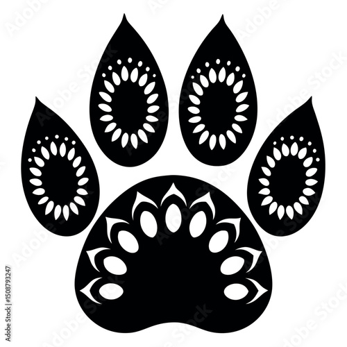 Ornate Mandala Paw Print Design Black and White Vector Illustration