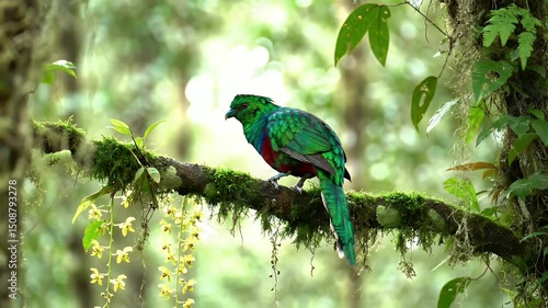 Resplendent Quetzal Perched on Mossy Branch in Rainforest