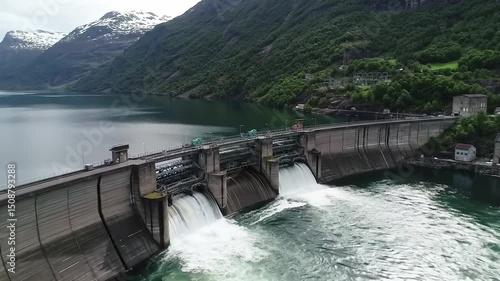 Water flows from dams into stunning fjord landscape in Norway at midday
