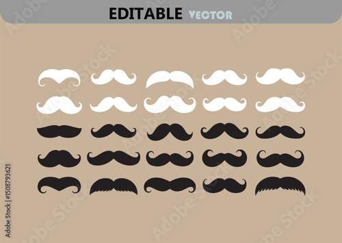 Collection of Twenty One Mustaches in White and Black Colors on a Beige Background Editable Vector for Graphic Design and Decoration Projects Trendy and Modern