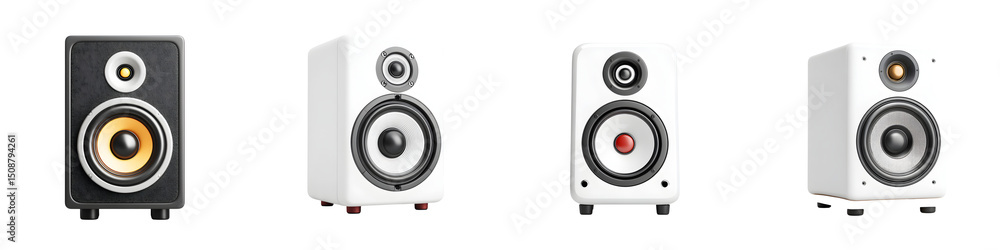 Modern speaker designs showcasing sleek, minimalist aesthetics with black and white color schemes, ideal for contemporary decor in music or home theater settings Modern speaker designs showcasing sleek, minimalist aesthetics with black and white color schemes, ideal for contemporary decor in music or home theater settings