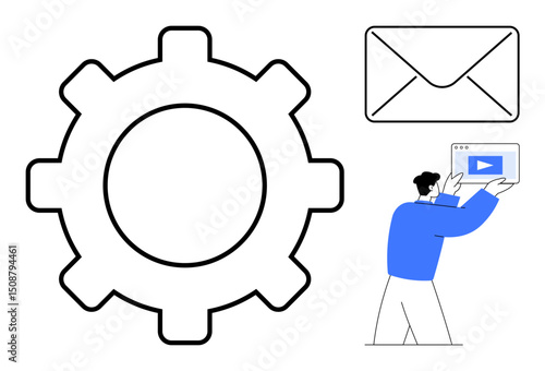 Gear for settings, envelope for mail communication, man with video screen. Ideal for technology, email, automation, communication, video content, user instructions simple landing page