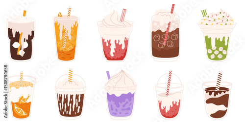 Colorful cartoon set of dirty soda drinks with whipped cream toppings and straws