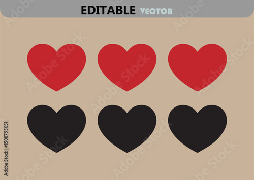 Six Hearts Vector Illustration in Red and Black Colors on Beige Background Editable Design for Valentine s Day and Love Concepts