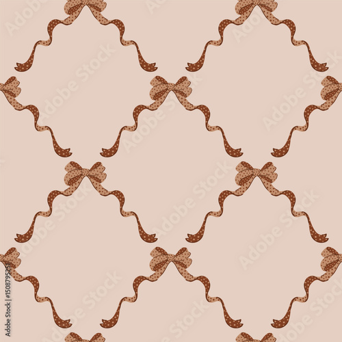 Brown, chocolate coquette ribbon bow trellis checkered seamless pattern