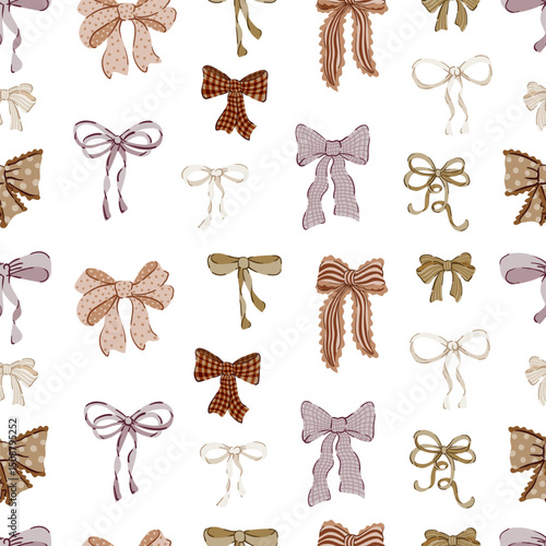 gold, brown, chocolate, beige Bow knot gift bow seamless pattern. Coquette Bow Wedding party texture