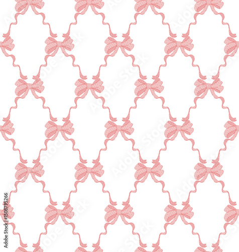 Pink, lilac coquette ribbon bow trellis checkered seamless pattern Damask Print. Rhombus Background