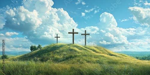 Three wooden crosses stand on a grassy hill under a bright blue sky with fluffy clouds in a serene landscape at midday