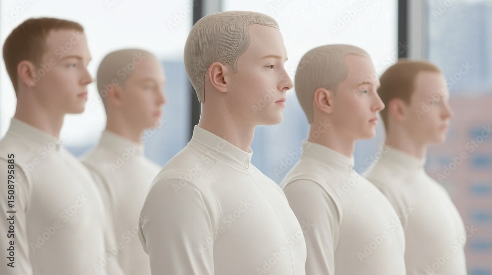 Fototapeta premium Futuristic humanoid robots stand in a line, showcasing advanced design and artificial intelligence