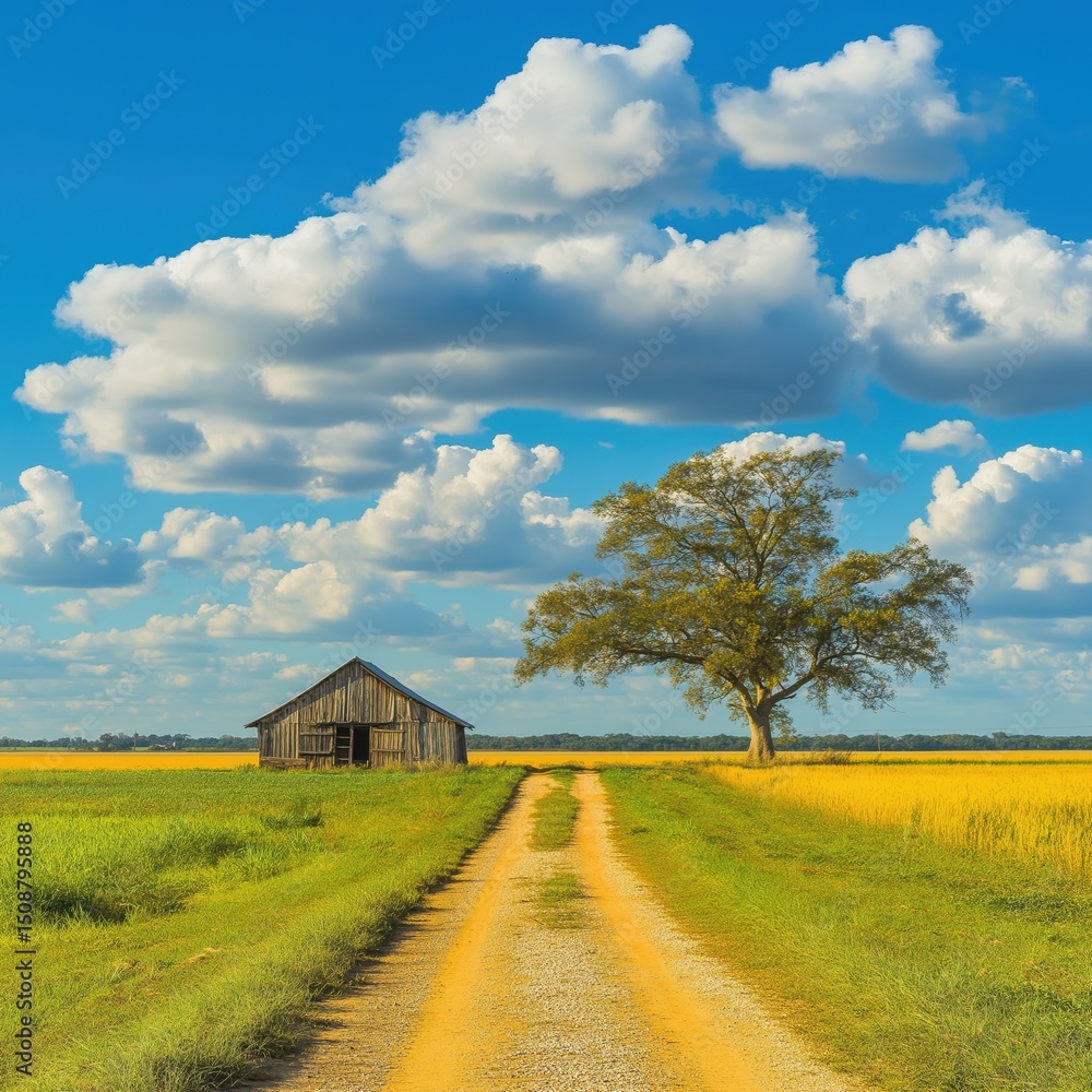 Obraz premium Rustic barn and dirt road in sunny Louisiana countryside under blue sky with fluffy white clouds