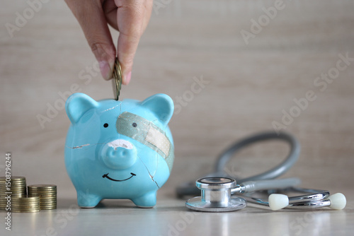 Piggy bank attached to the plaster on the head and stethoscope on wooden background, Save money for Medical insurance and Health care concept