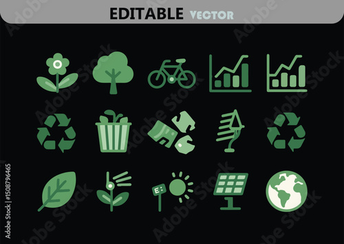 Eco Friendly Icons Vector Set for Sustainability and Environmental Awareness Featuring Plants Recycle Symbols Solar Panels and Green Energy Solutions on Black Background