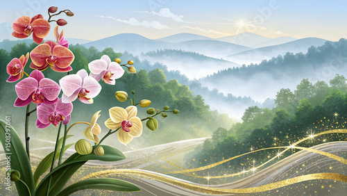 Illustration of colorful orchids, morning sunlight, fog covering a green forest.