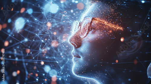 A profile view of a person with glowing data points overlay, wearing glasses.