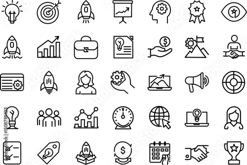 set of 35 outline icons related to startup for web design