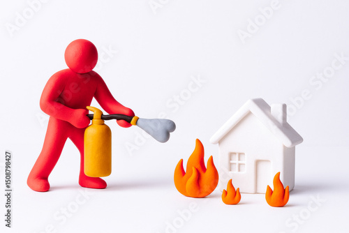 Figure in red is using fire extinguisher to put out fire near house made of clay figures, illustrating importance of property and house safety