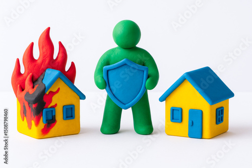 Figurine holding shield stands between two small houses, one fire and other intact, symbolizing protection and property safety, with focus