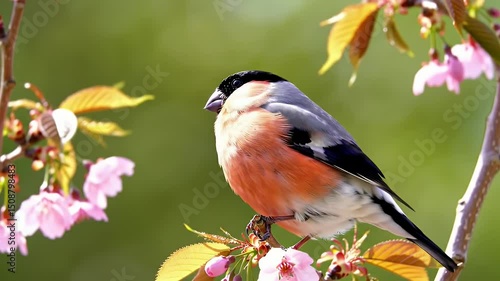 Eurasian Bullfinch Perched on Cherry Blossom Branch