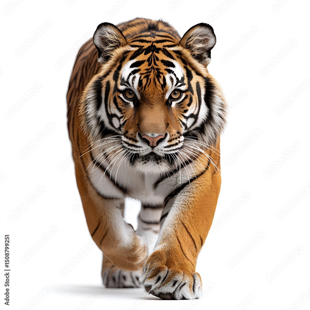 Fototapeta premium Majestic Tiger Walking Towards the Camera on White Background Powerful Wild Cat Portrait