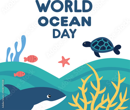 Cartoon ocean underwater world map with diverse marine life animals, fish, dolphin, shark, whale, octopus, turtle, starfish, and seamless water illustration design