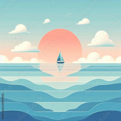 Peaceful Ocean Horizon with Sailing Boat